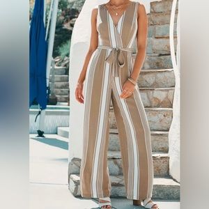 Maisee White and Tan Striped Wide-Leg Jumpsuit